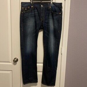 True Religion Men’s Slim Jeans Dark Wash Pocket Flap Distressed Size 40
